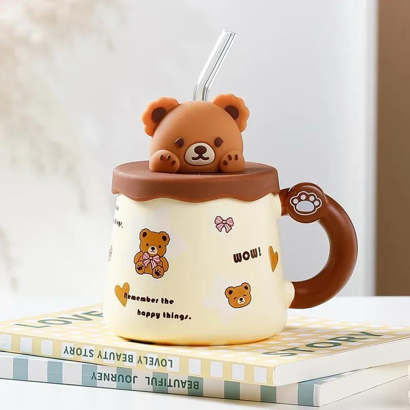 

Kawaii Cup Милый милый медведь Керамическая кружка Большая емкость с крышкой Кофейные чашки Завтрак Молочные кружки Питьевая с трубочкой Чашка для воды 360ML-420ML