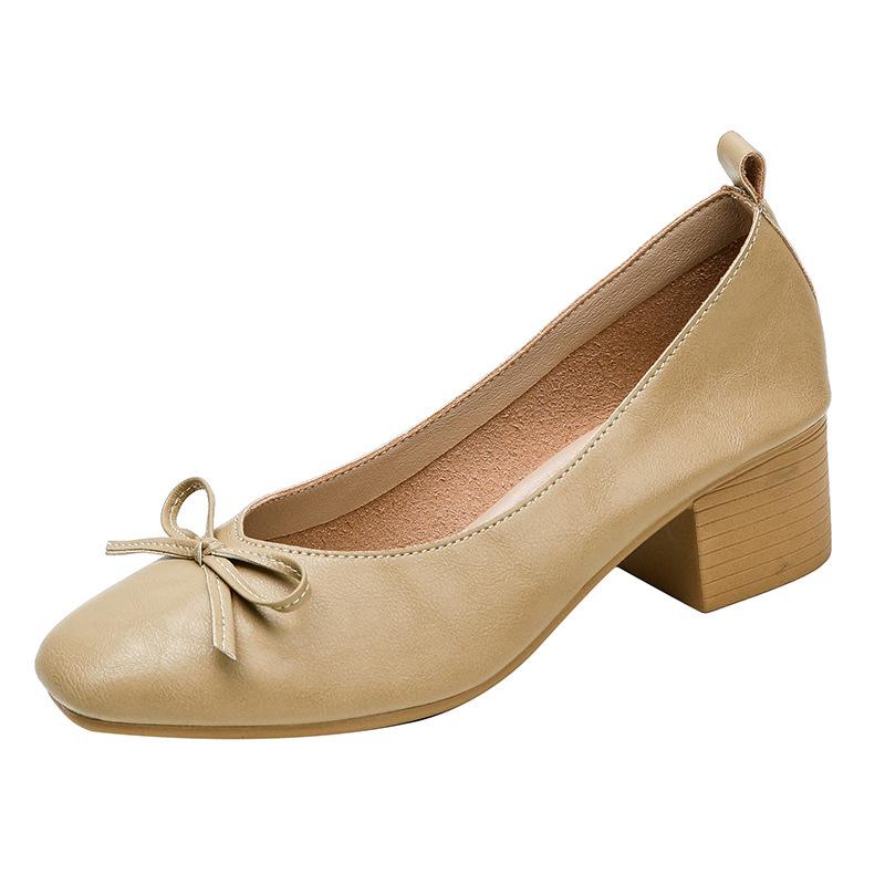 Leather V-mouth single shoes women's thick heel square head soft leather soft sole not tired foot bow retro commuter shallow mouth Mary Jane