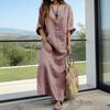 Women's Summer Boho Striped Cotton Linen Dress Casual Short Sleeve Beach Maxi Dress with Front Pocket