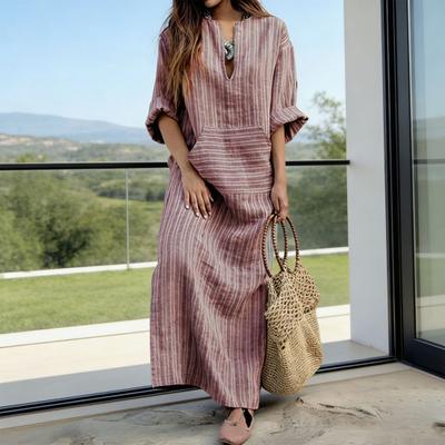 Dam Sommar Boho Randig Bomull Linne Klänning Casual Kortärmad Strand Maxi Klänning med Fickor Fram