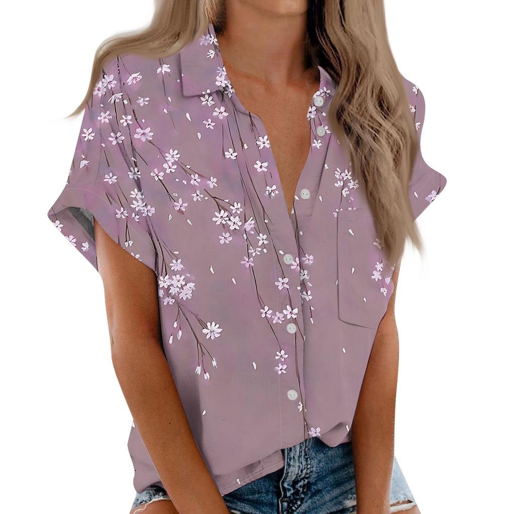 Women's Short Sleeved Shirt, Daily Fashion Printed Button Top, Chest Pocket Cardigan