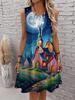 Lässiges Damen Tanktop-Kleid Sommer Ärmellos O-Ausschnitt 3D-Druck Locker A-Linien-Kleid Strand-Westenkleid