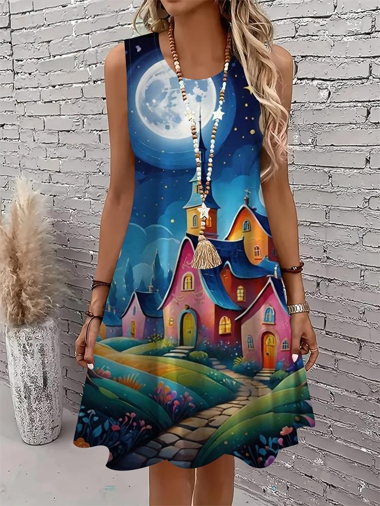 Lässiges Damen Tanktop-Kleid Sommer Ärmellos O-Ausschnitt 3D-Druck Locker A-Linien-Kleid Strand-Westenkleid