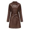 Womens Long Sleeve Faux Leather Trench Coat With Belt British Style Elegant Outerwear