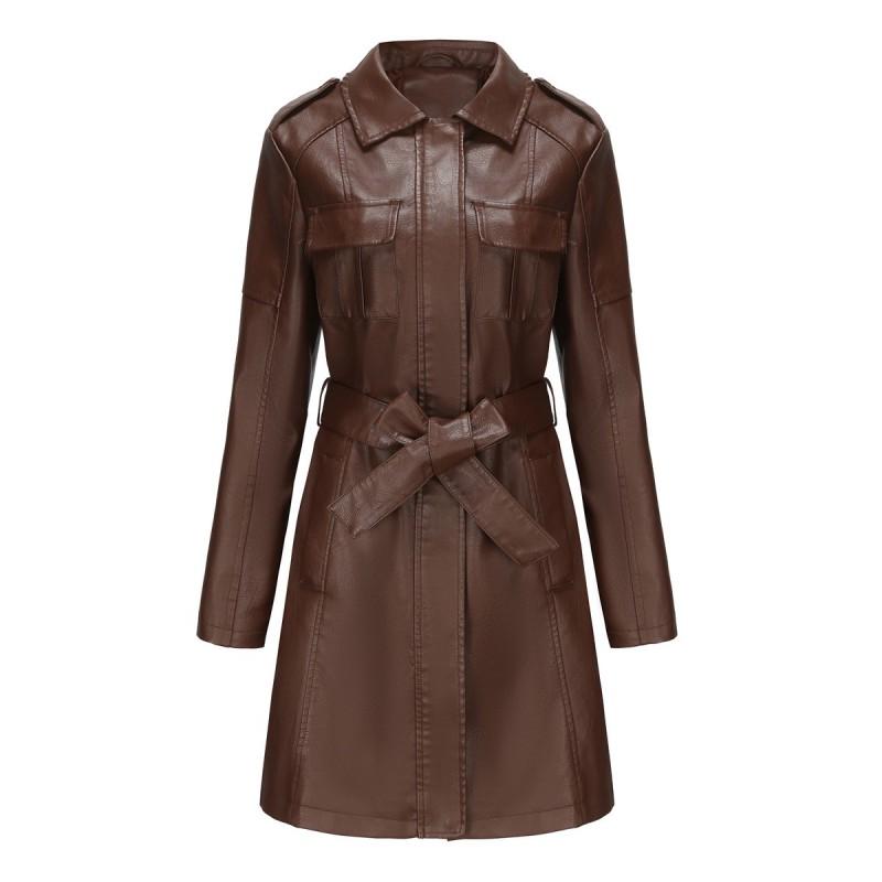 Womens Long Sleeve Faux Leather Trench