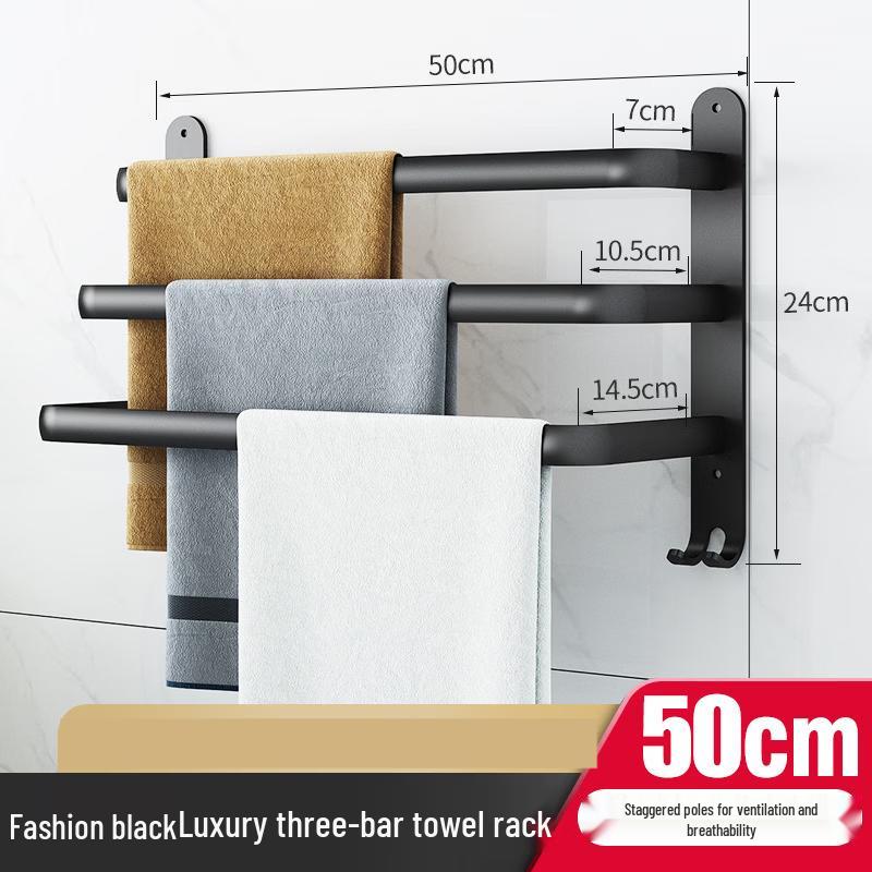 

Black Aluminum Triple-Bar Towel Rack with Hooks