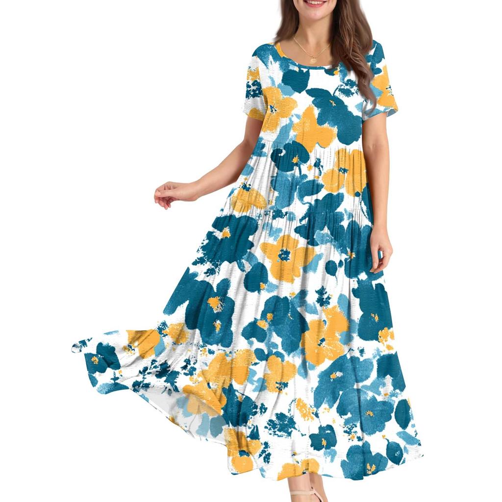 Damen Sommer Rundhals Kurzarm Geblümtes Boho Lockeres Kleid