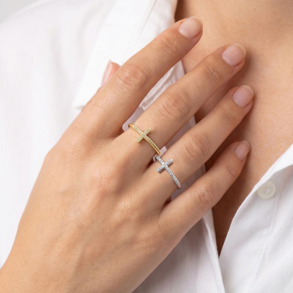 Cross Ring for Women 14k Gold Plated Sideway Cross Adjustable Open Ring Cubic Zirconia Jewelry
