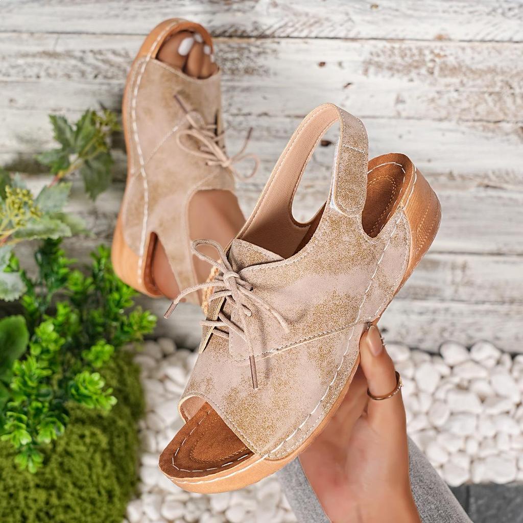 Women's Plus Size Color Block Wedge Sandals with Thick Sole and Velcro Lace-up.