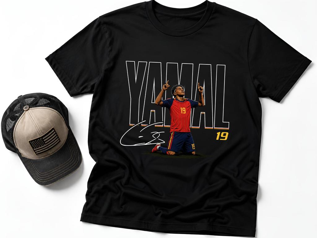 Lamine Yamal Signature Graphic T Shirt Unisex Pure Cotton Oversized Soccer Star Portrait Print Casual Streetwear Short Sleeve Tee