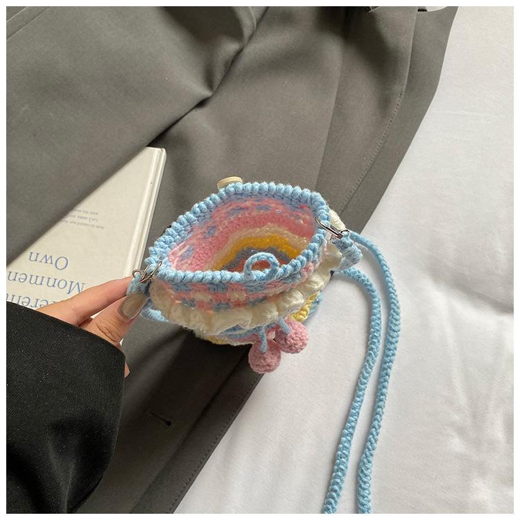 Handmade Crochet Cherry Phone Bag, Cute Pastel Knitted Crossbody Purse For Girls, Mini Drawstring Single Shoulder Pouch