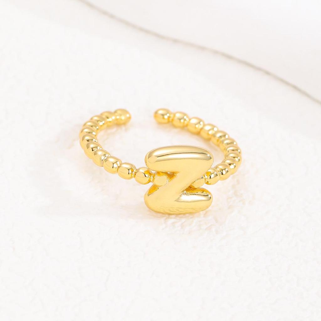 Adjustable 18K Gold Bubble Beaded Open Ring with 26 Alphabet Options