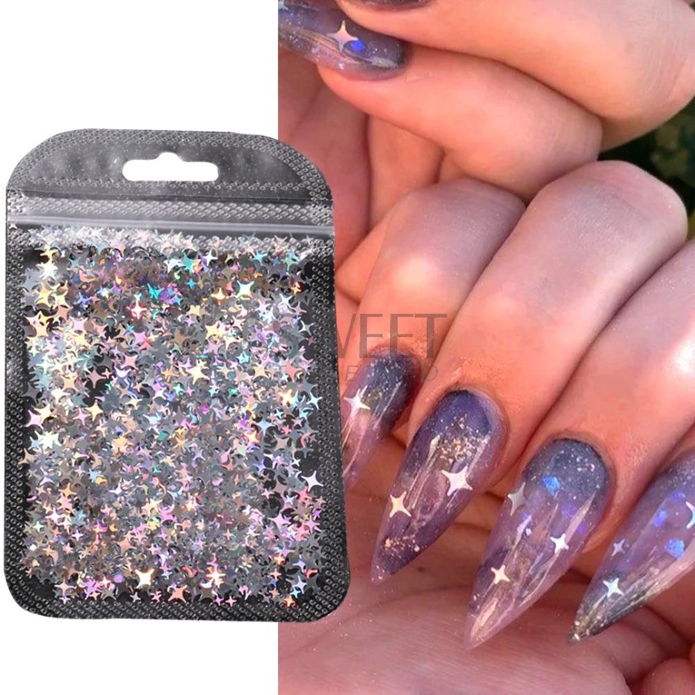 Holographic Star Shaped Nail Patch Laser Silver Four Corner Star Nail Glitter Laser Flash Shiny Film Nail Decoration