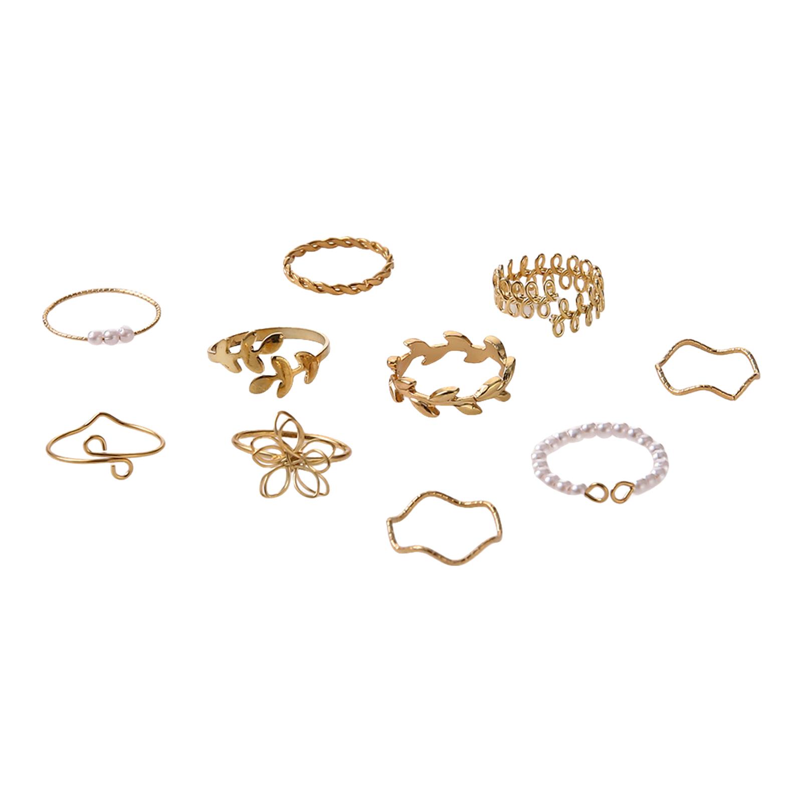 

Набор из 10 изящных колец из сплава с цветочным узором, кольца с листьями и лозами, кольца с имитацией жемчуга, аксессуары для девушек и зрелых женщин золотой