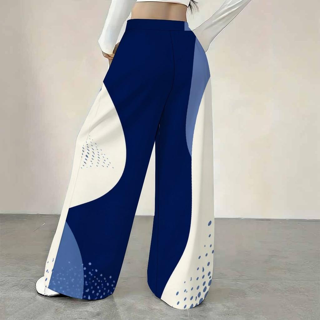 Women Plus Size Beige Abstract Printed Drawstring Loose Straight Leg Full Length Pants