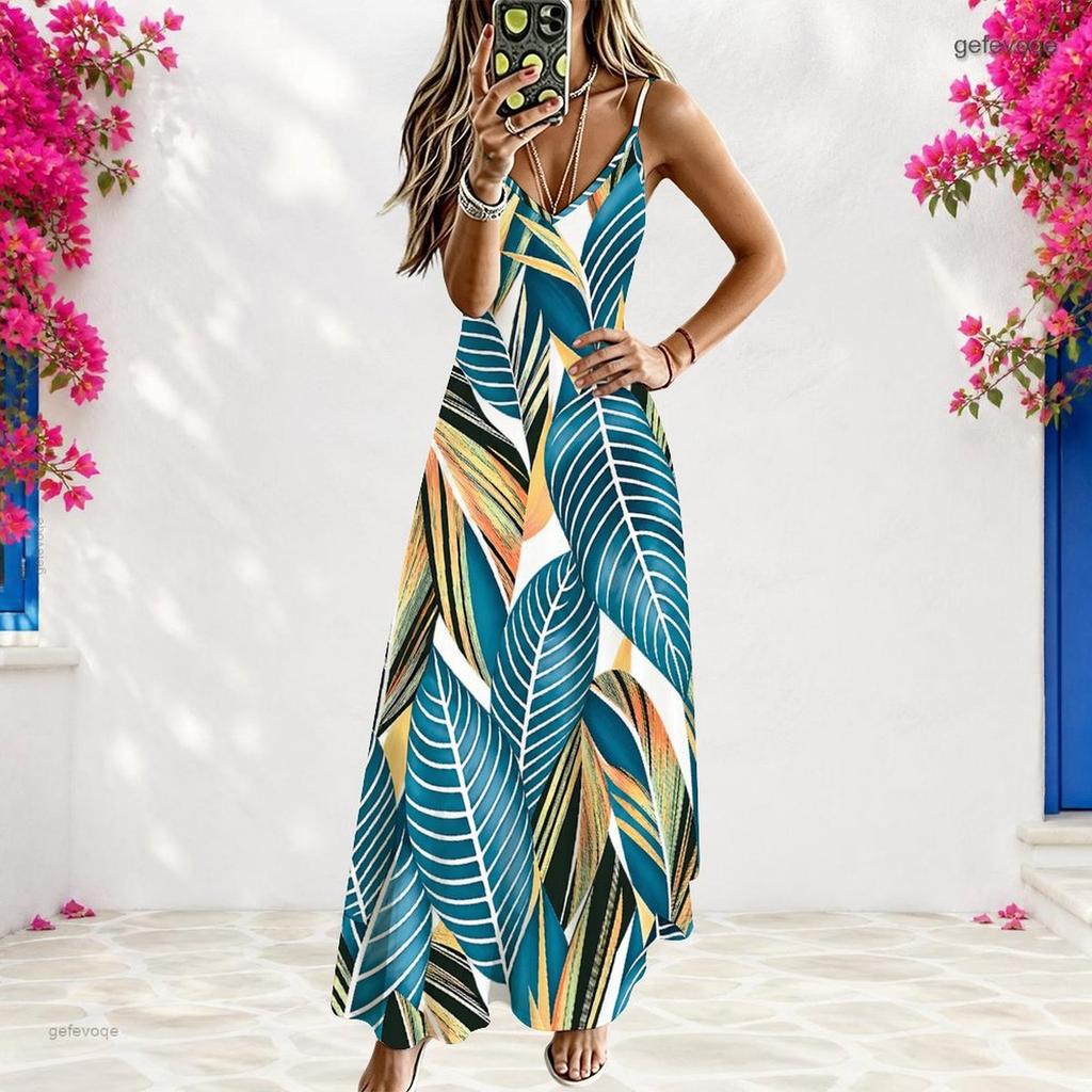 Women Plus Size Spaghetti Strap V Neck Sleeveless Green Blue Printed A Line Long Dress