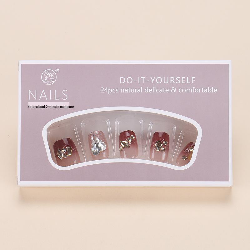 Handmade Champagne Rhinestone French Nail Art Tips - Wine Red New Year Style