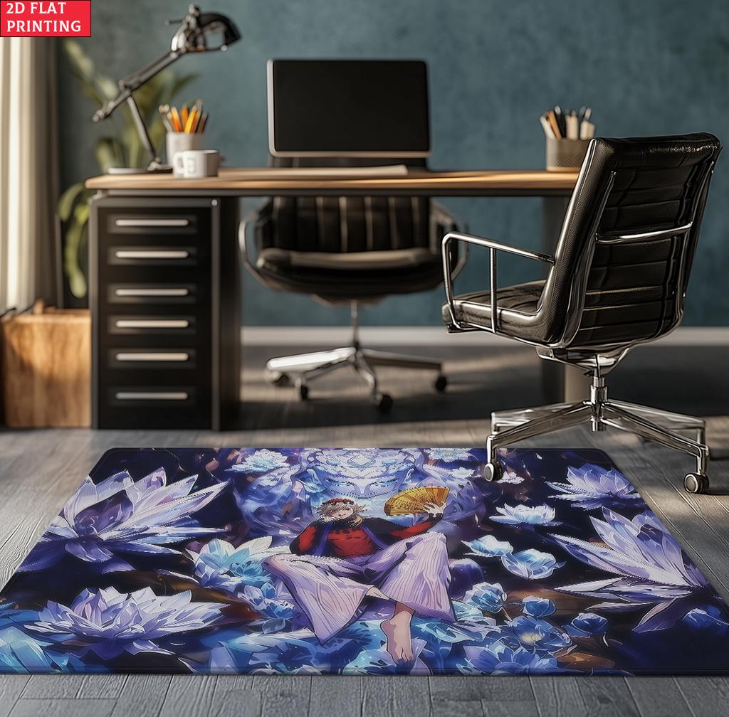 Anime Swordsman Area Rug, Blue Water Wave Theme  Floor Mat, Decorative Carpet for Gaming Room Bedroom, Washable Home Decor Gift