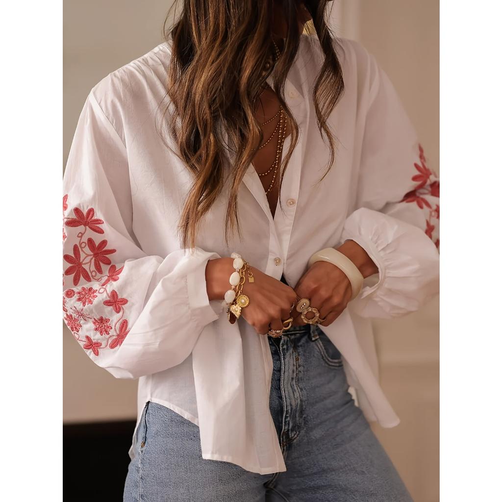 Fall Winter Women's Applique Long Sleeve Loose Blouse Elegant Chinese Style Casual Top For Women