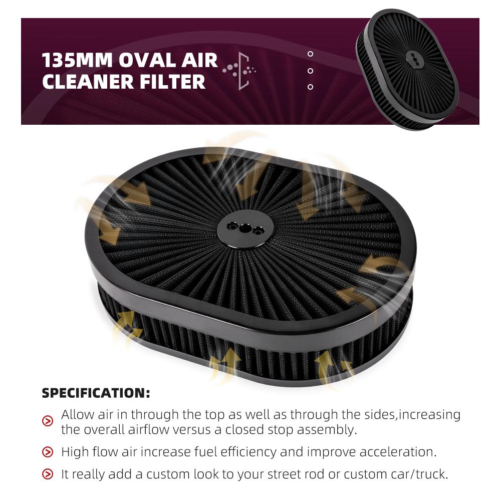New High Flow Chrome 12"x2" Oval Air Cleaner Filter Assembly 5-1/8" Carb Neck W/ Flow-Thru Lid for GMC Chevy Ford Chryler Dodge