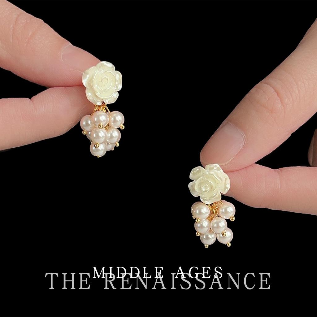 French Camellia Pearl Beaded Tassel Earrings Elegant Temperament Earrings Women