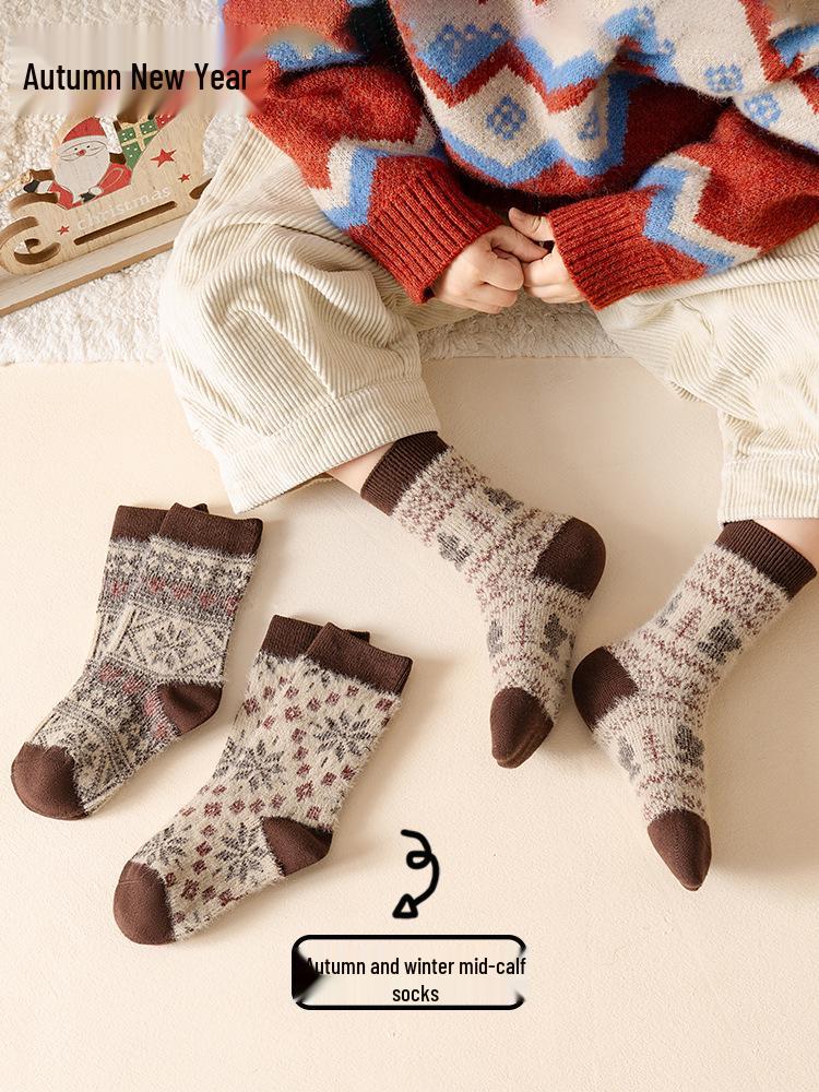 Calzini Invernali Spessi in Velluto di Visone e Lana per Bambini - A Mezza Gamba Stile Etnico Retro.