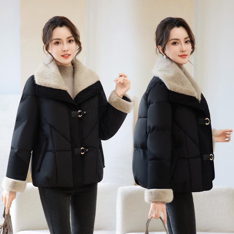 Damen Kurze Winddichte Verdickte Warme Winterjacke mit Pelzkragen