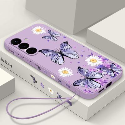 Husă cu model fluture mov pentru Samsung Galaxy A56 A17 A55 A54 A36 A15 A25 A35 A14 A16 5G Capac telefon cu șnur din silicon moale