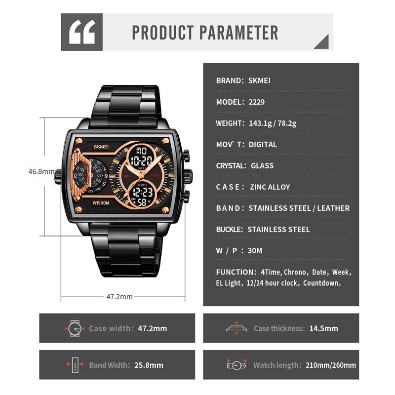 Skmei Digital Sportsklokke Business Herre Kvarts Klokker Vanntett Kronograf Dobbel Visning Originale Armbåndsur