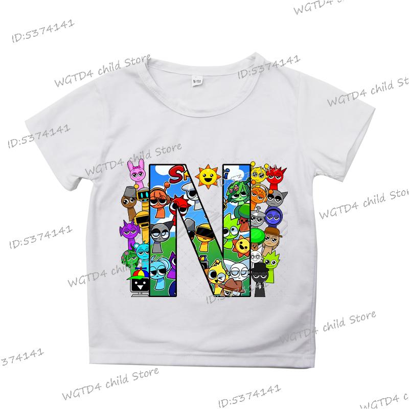 2025 Neue Sprunki Englischer Buchstabe ABCD.. Kinder T-Shirts Mode Incredibox Spiel T-Shirt Cartoon 26 Alphabet Jungen Mädchen Lustiges T-Shirt
