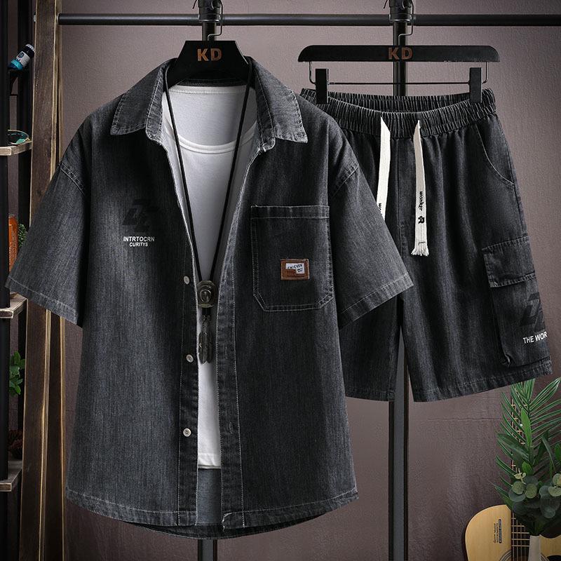 Men's Harajuku Denim Short Sleeve Shirt and Shorts Set 811