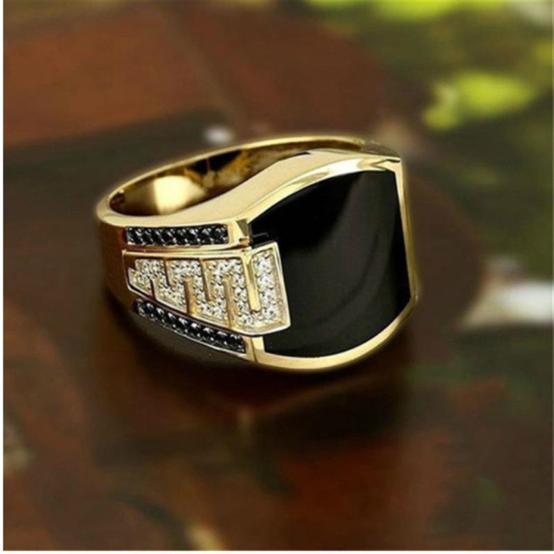 2025 New Men's Ring Fashion Metal Gold Color Inlaid Black Stone Zircon Punk Rings Suitable For Men Engagement