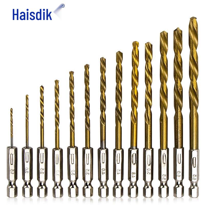 Haisidick 13-Piece Titanium Plated Hex Shank HSS Twist Drill Bit Set