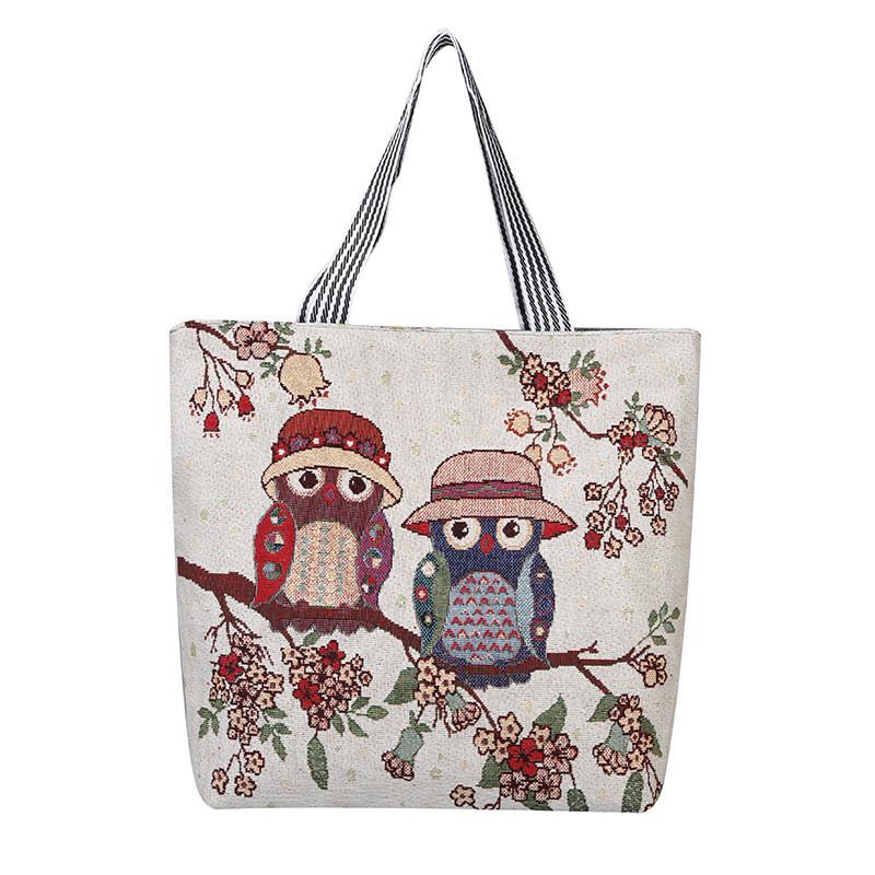 Fashion Owl Canvas Tote Bag With Embroidery And Large Capacity For Daily Use