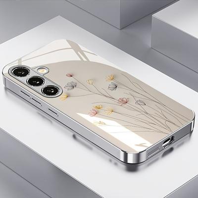Luxury Floral Pattern Electroplate Silver Phone Case For Samsung Galaxy S26 S25 S24 S23 Ultra Plus FE Tempered Glass Cover
