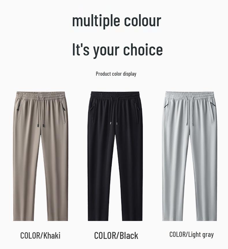 Men's Summer Ice Silk Zipper Pants - Lightweight, Loose, Elastic Straight-Leg, Quick-Dry, Trendy Korean Style Sportswear