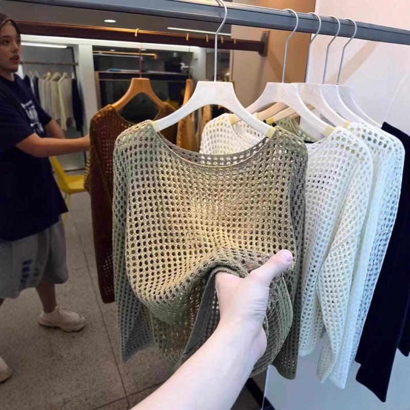 Mesh Vintage Harajuku Long Sleeve Women Sweater Korean Spring Summer Knitwear Soft Thin Tops Chic Solid Femme Sweater