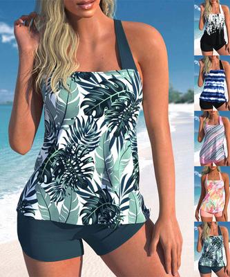 Costume da bagno bikini da donna sexy di alta qualità con stampa retrò di foglie fresche e laccetto da collo appeso, taglia S-6XL