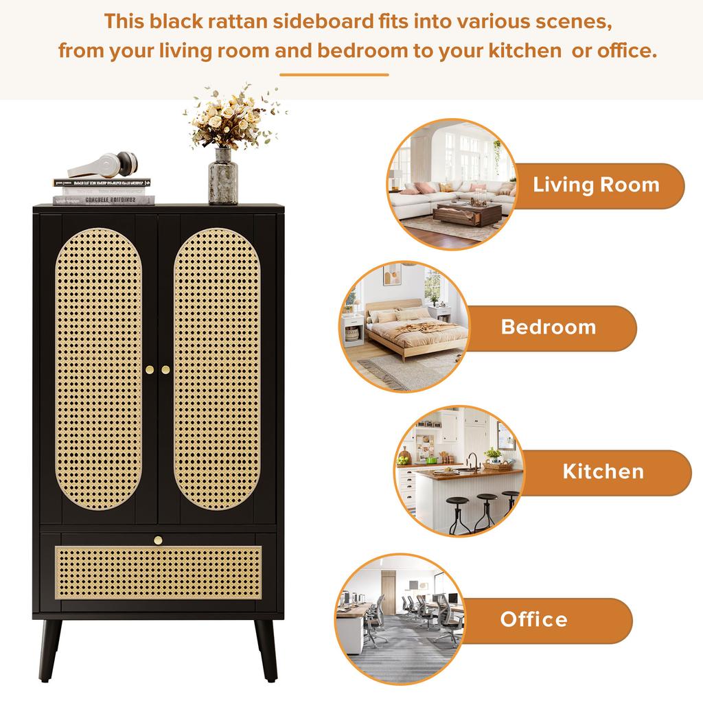 Compact Sideboard (1,1m), Rattan Design, Black, 2 Doors, 1 Drawer, Highboard, Dining Room Cabinet, Bookshelf, - Versatile Storage Solutions