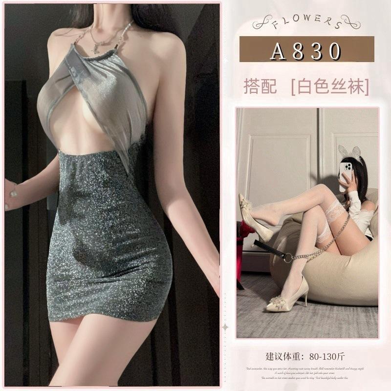 Sexy underwear sexy secretary hot hip skirt nightclub silver lace shiny chest wrapping pajamas hanging neck seduction woman