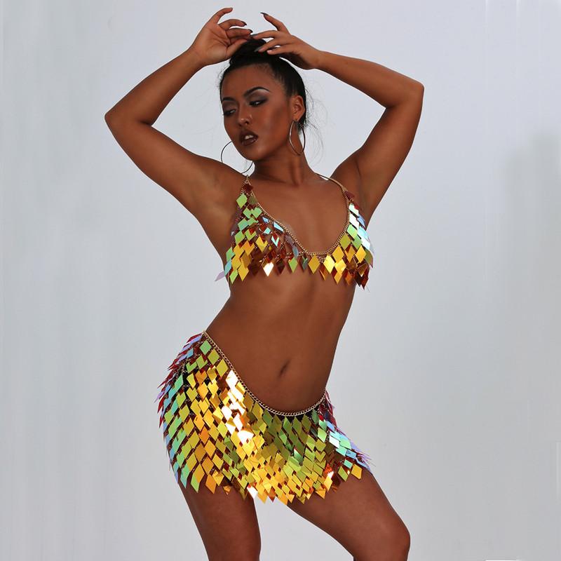 Sequins Tassels Body Chain Outfits Bra Skirt Bikini Rave Festival Party Beach Fashion Clubwear Accessories Jewelry for Women
