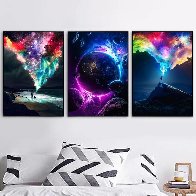 Abstract colorful cosmic planet galaxy star sky posters and prints vintage painting on canvas wall painting room decoration