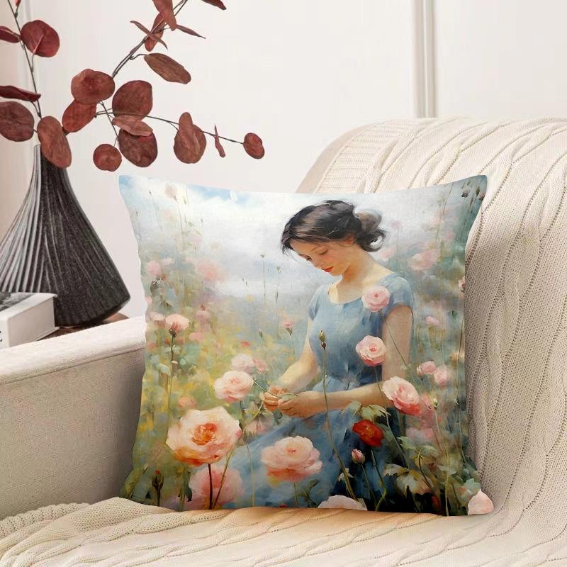 Oil Painting Water Lily Pattern Decorative Pillowcase Living Room Bedroom Square Cushion Pillowcase