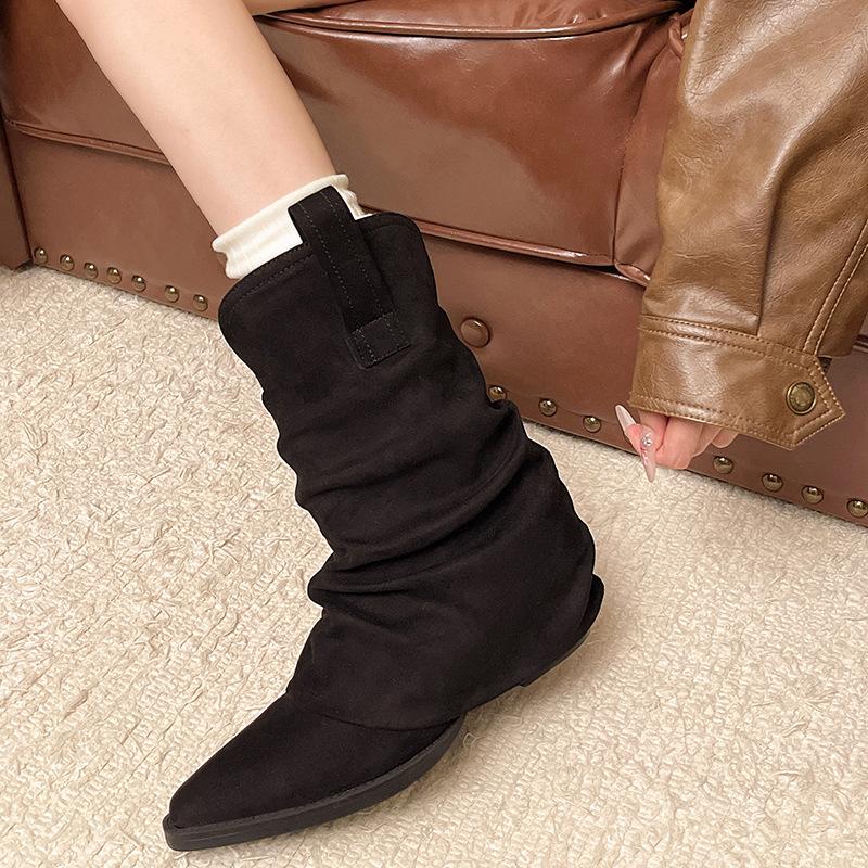 Yueyu versatile thick heel pointed trouser tube boots fried street small short boots women's spring and autumn 2025 new hot girls pile boots
