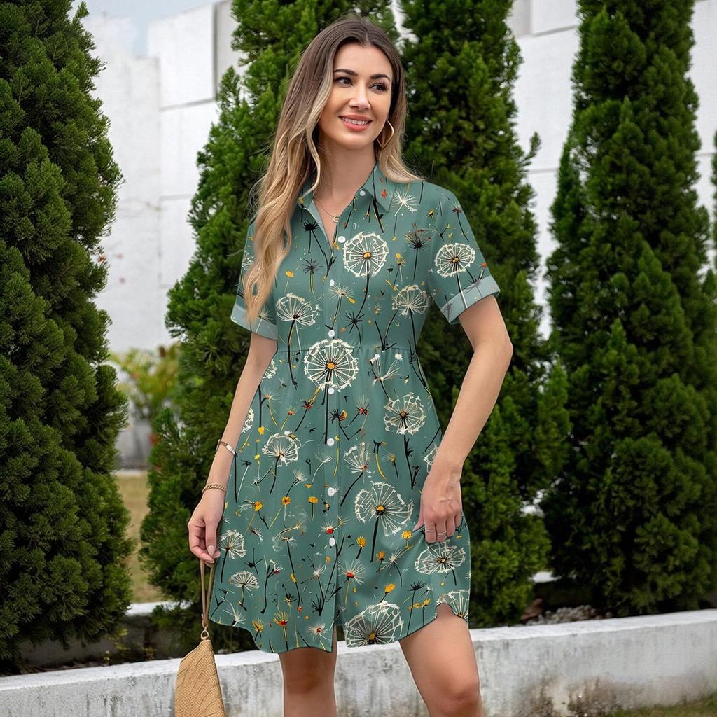 Women's Casual Loose Fit Shirt Dress Button Front Short Sleeve Turn Down Collar Dress with Printed Pattern Suitable for Daily Wear