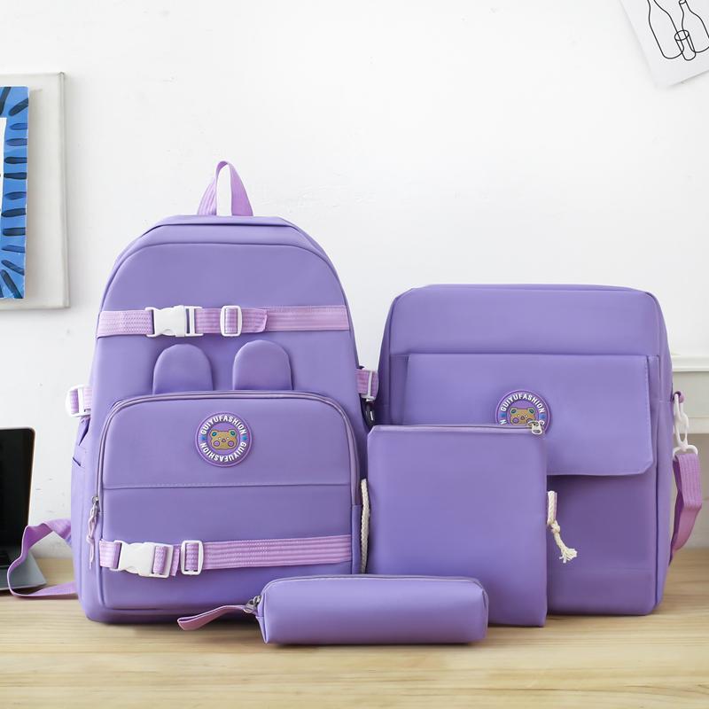 Elementary Solid Color School Bag Girls Large Capacity Canvas Backpack Set College Style Backpack