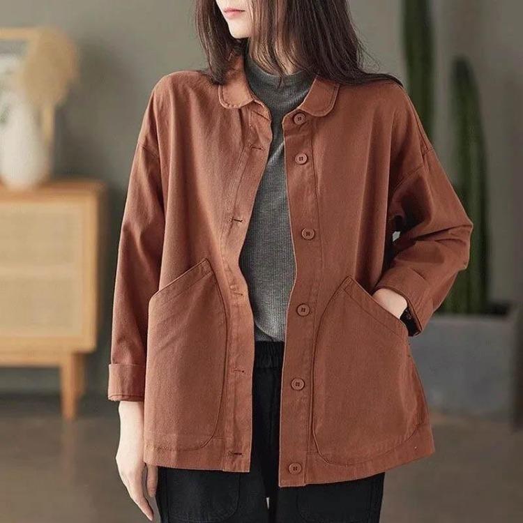 

Vintage Oversize Cotton Coat for Women Casual Loose Top Jacket Solid Color Large Pocket Single Breasted M красный