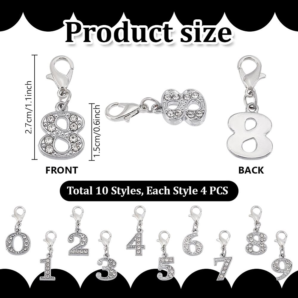 40Pcs 10 Styles Number 0~9 Alloy Rhinestone Pendant Decoration with Alloy Lobster Claw Clasps Platinum 27mm 4pcs/style