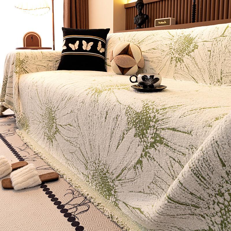 Half Fleece Flower Sofa Cover With Tassels Non Shedding Autumn Winter Sofa Blanket Towel Anti-Dirt Couch Cushion For Living Room