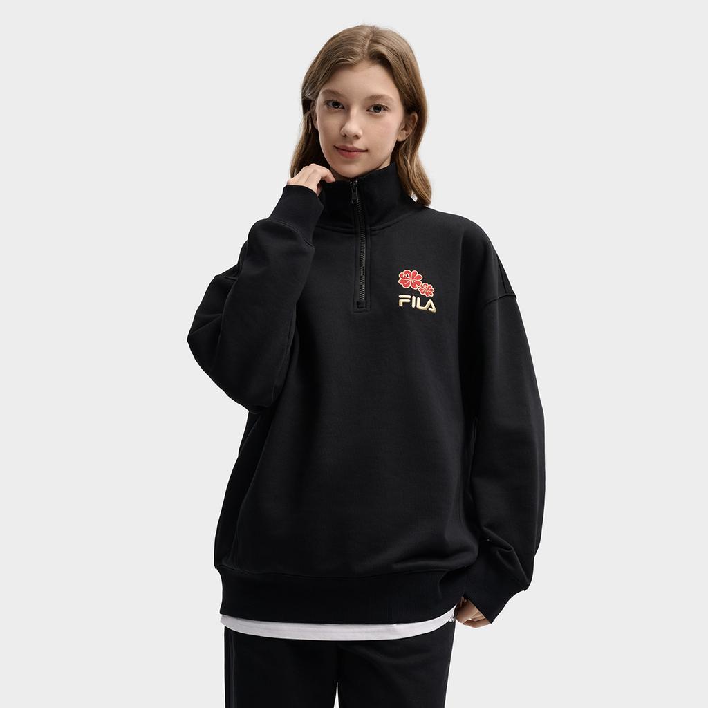 Fila Original Peony Half-Zip Classic Retro Minimalist Casual Comfortable Sweatshirt Unisex Sweatshirt Black F51U619204FBK